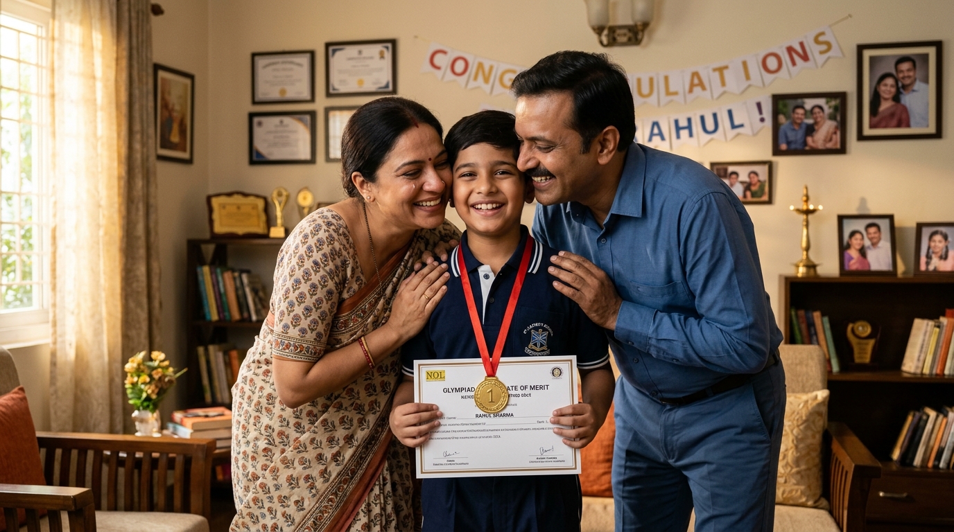 Proud Indian Parents celebrating their child with an Olympiad Gold Medal and Merit Certificate